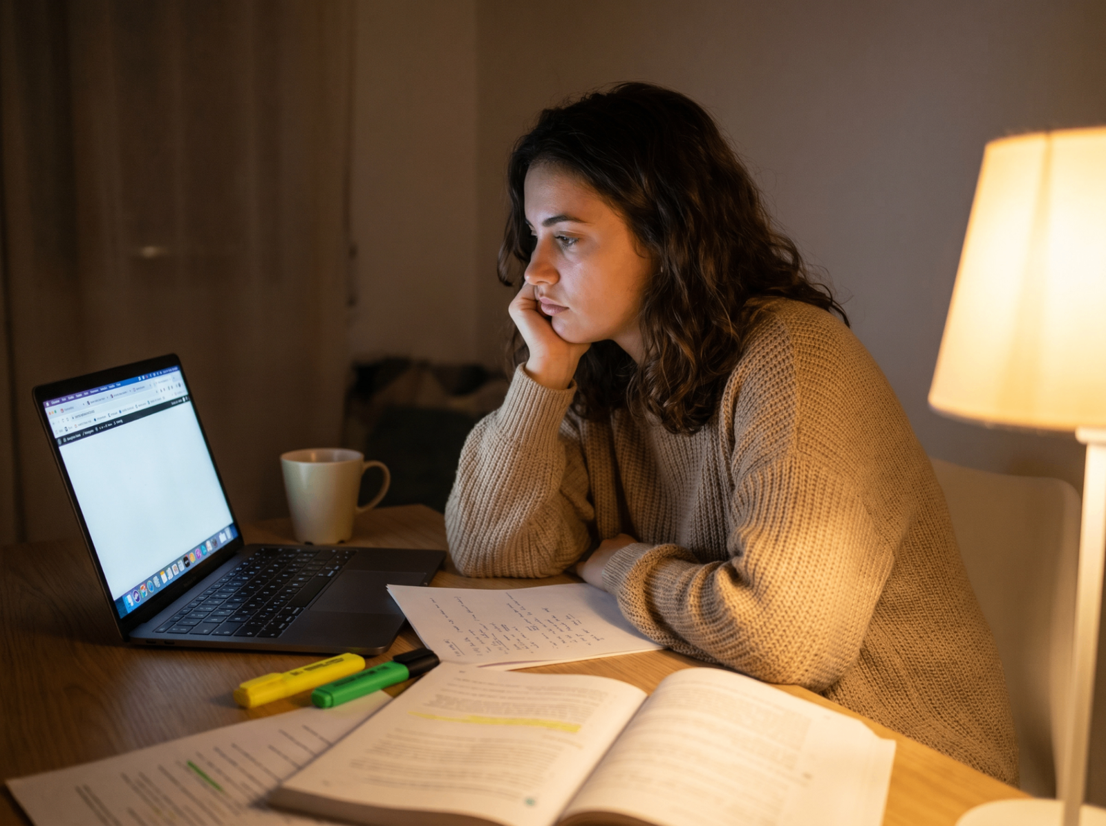 Estudante pesquisando à noite, sobrecarregada de informação