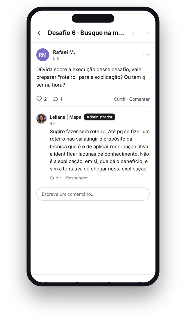 Post de dúvida no Clube e a resposta da Leilane